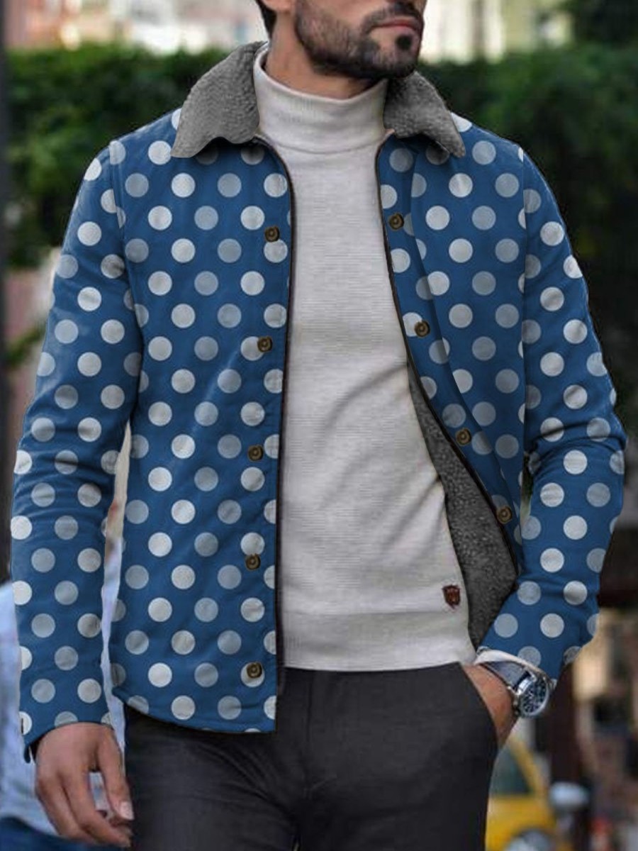 Men DJ Jacket | Retro Polka Dot Print Velvet Warm Lapel Jacket Blue