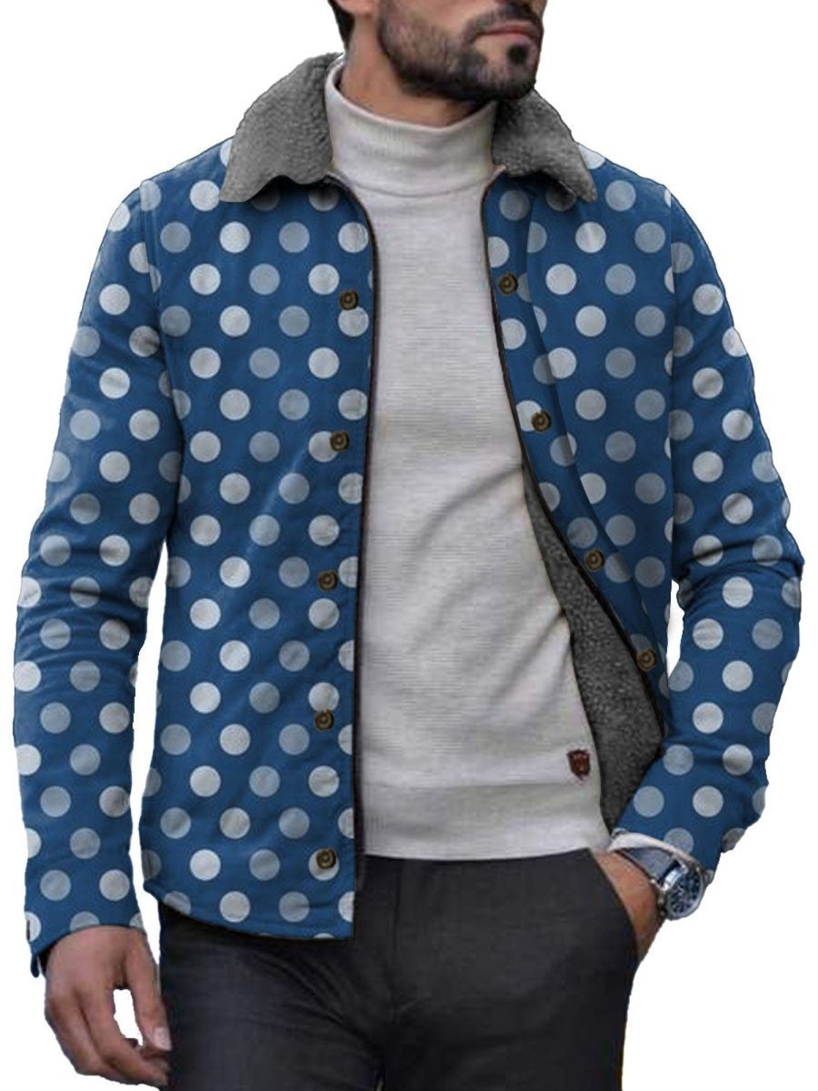 Men DJ Jacket | Retro Polka Dot Print Velvet Warm Lapel Jacket Blue