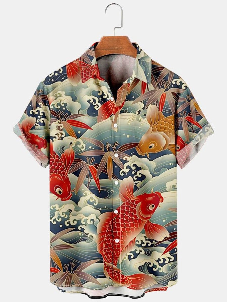 Men HLJ Shirts | Oriental Koi Print Casual Short Sleeve Shirt Photo Color