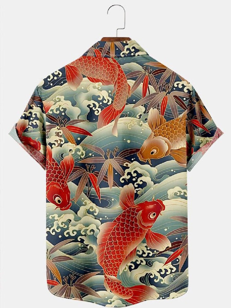 Men HLJ Shirts | Oriental Koi Print Casual Short Sleeve Shirt Photo Color