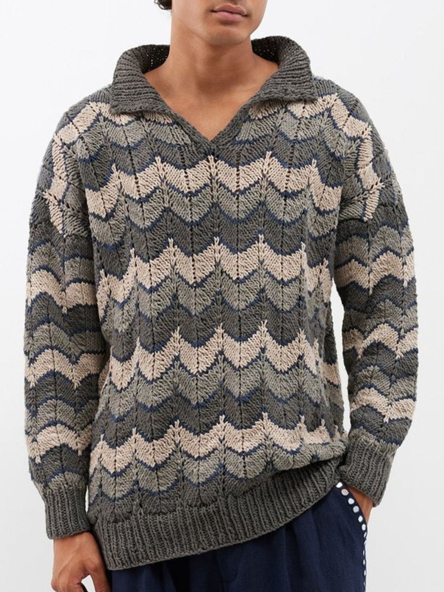 Men DJ Sweater | Retro V-Neck Corrugated Knitted Jacquard Pullover Sweater Gray