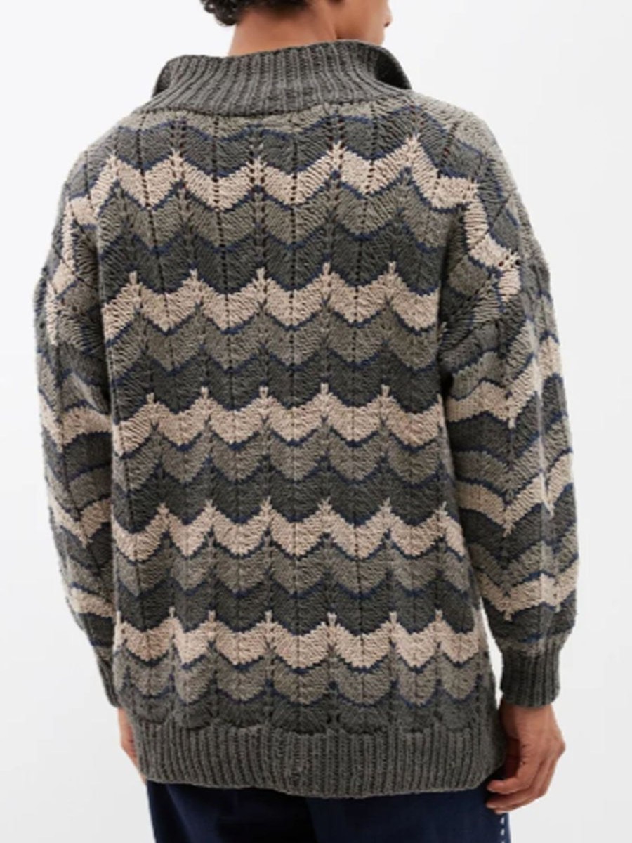 Men DJ Sweater | Retro V-Neck Corrugated Knitted Jacquard Pullover Sweater Gray