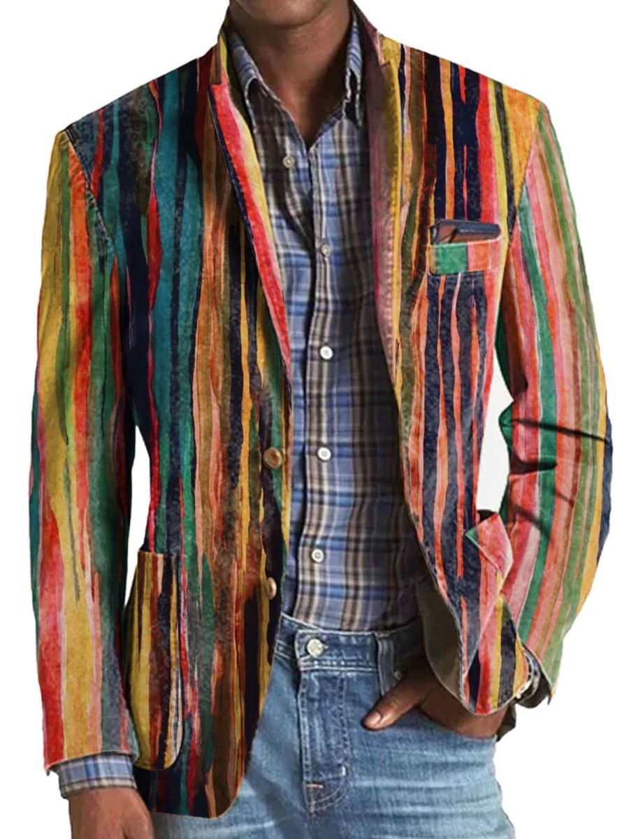 Men BXL Print Jacket | Men'S Colorful Striped Print Casual Multi-Pocket Blazer Photo Color