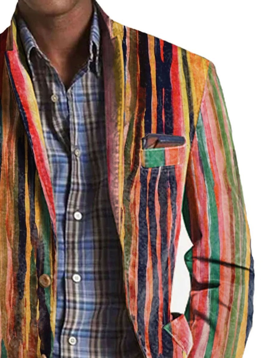 Men BXL Print Jacket | Men'S Colorful Striped Print Casual Multi-Pocket Blazer Photo Color