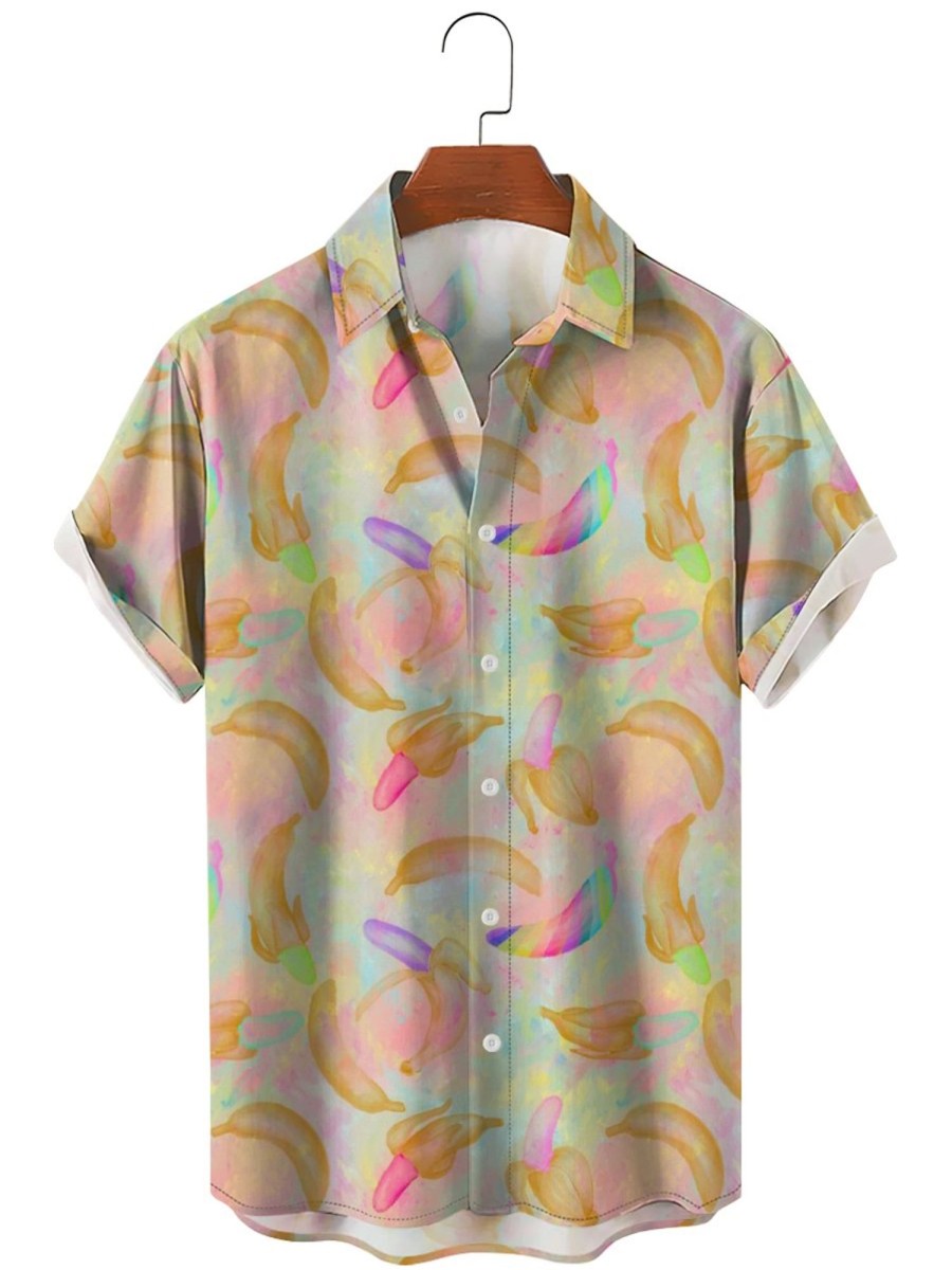 Men HLJ Shirts | Rainbow Banana Comfort Breathable Short Sleeve Shirt Flesh Pink