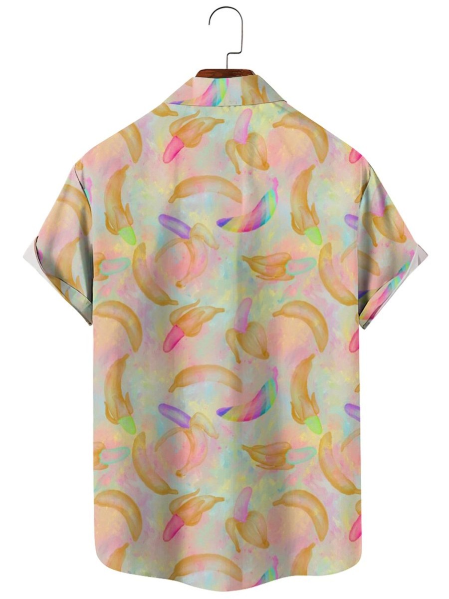 Men HLJ Shirts | Rainbow Banana Comfort Breathable Short Sleeve Shirt Flesh Pink