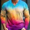 Men DJ Print Sweater | V-Neck Rainbow Gradient Printed Casual Pullover Knitted Sweater Photo Color