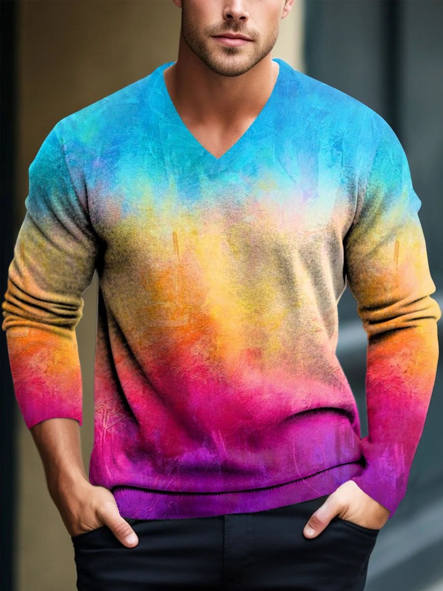 Men DJ Print Sweater | V-Neck Rainbow Gradient Printed Casual Pullover Knitted Sweater Photo Color