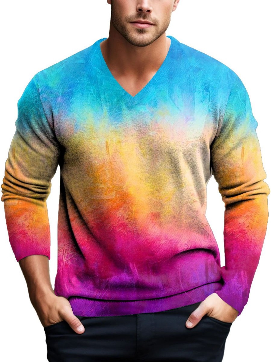 Men DJ Print Sweater | V-Neck Rainbow Gradient Printed Casual Pullover Knitted Sweater Photo Color