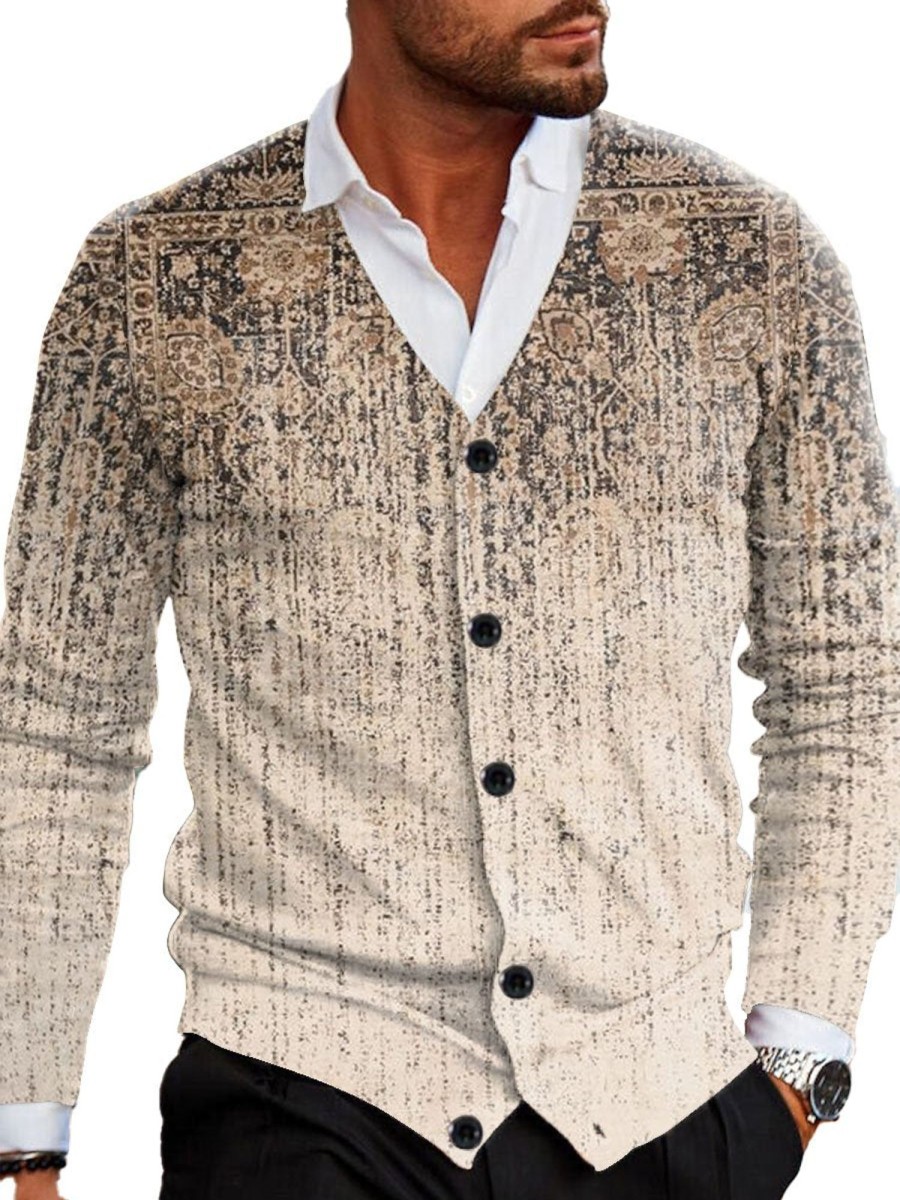 Men DJ Print Cardigan | Retro Gradient Ethnic Style Printed V-Neck Knitted Cardigan Khaki