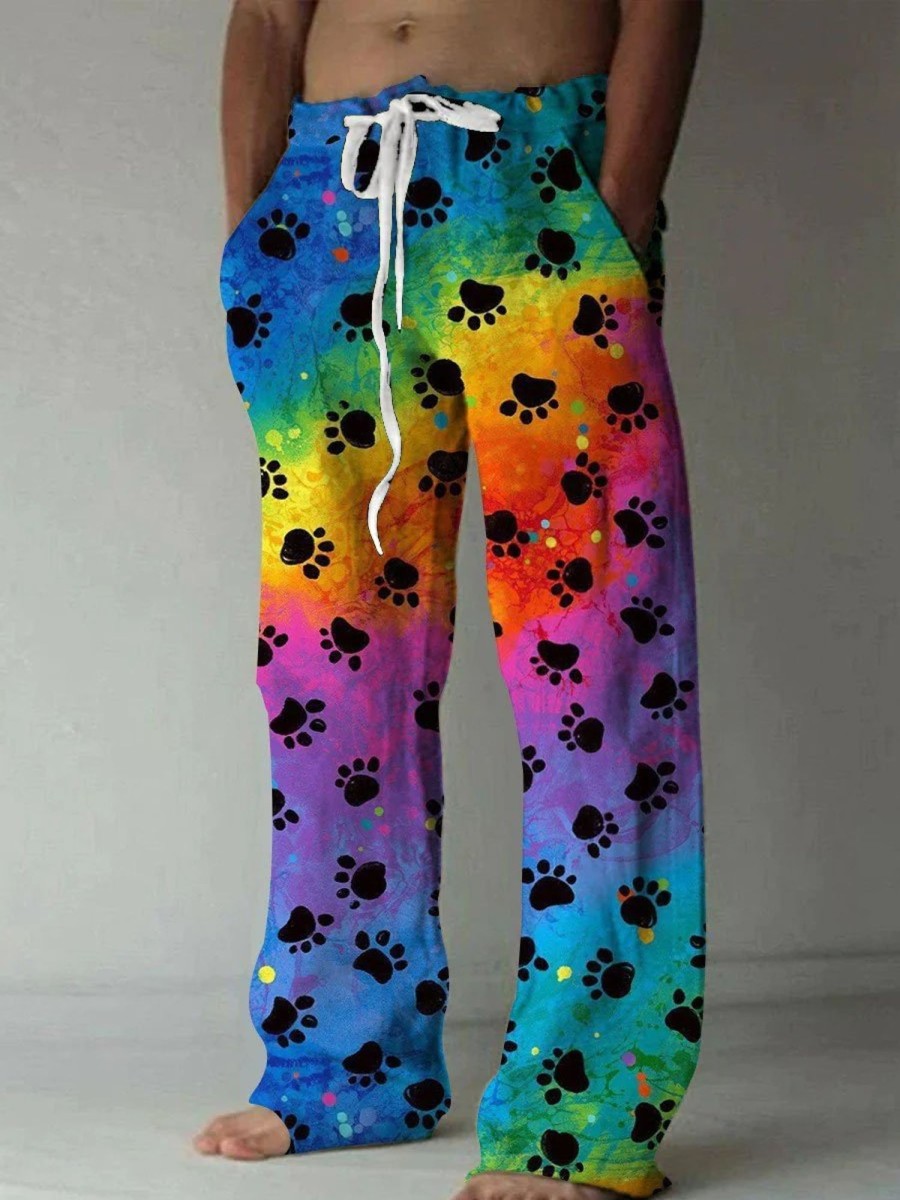 Men DJ Bottoms | Men'S Paw Rainbow Gradient Printed Casual Trousers Photo Color