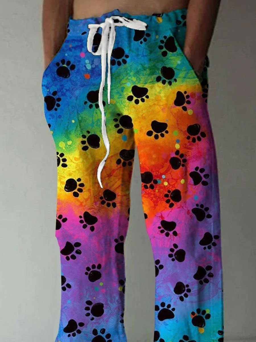 Men DJ Bottoms | Men'S Paw Rainbow Gradient Printed Casual Trousers Photo Color