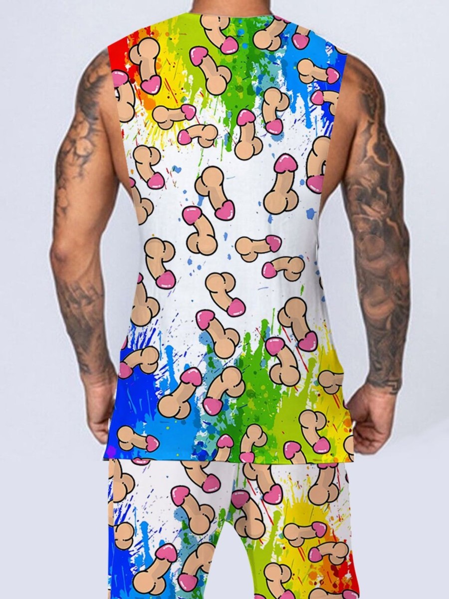 Men DJ Set | Colorful Cocks Print Vest And Shorts Two-Piece Set Photo Color