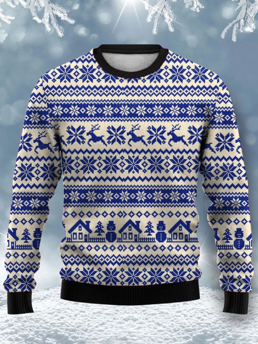 Men GYJ Ugly Sweater | House Yeti Elk Print Crew Neck Sweatshirt Blue