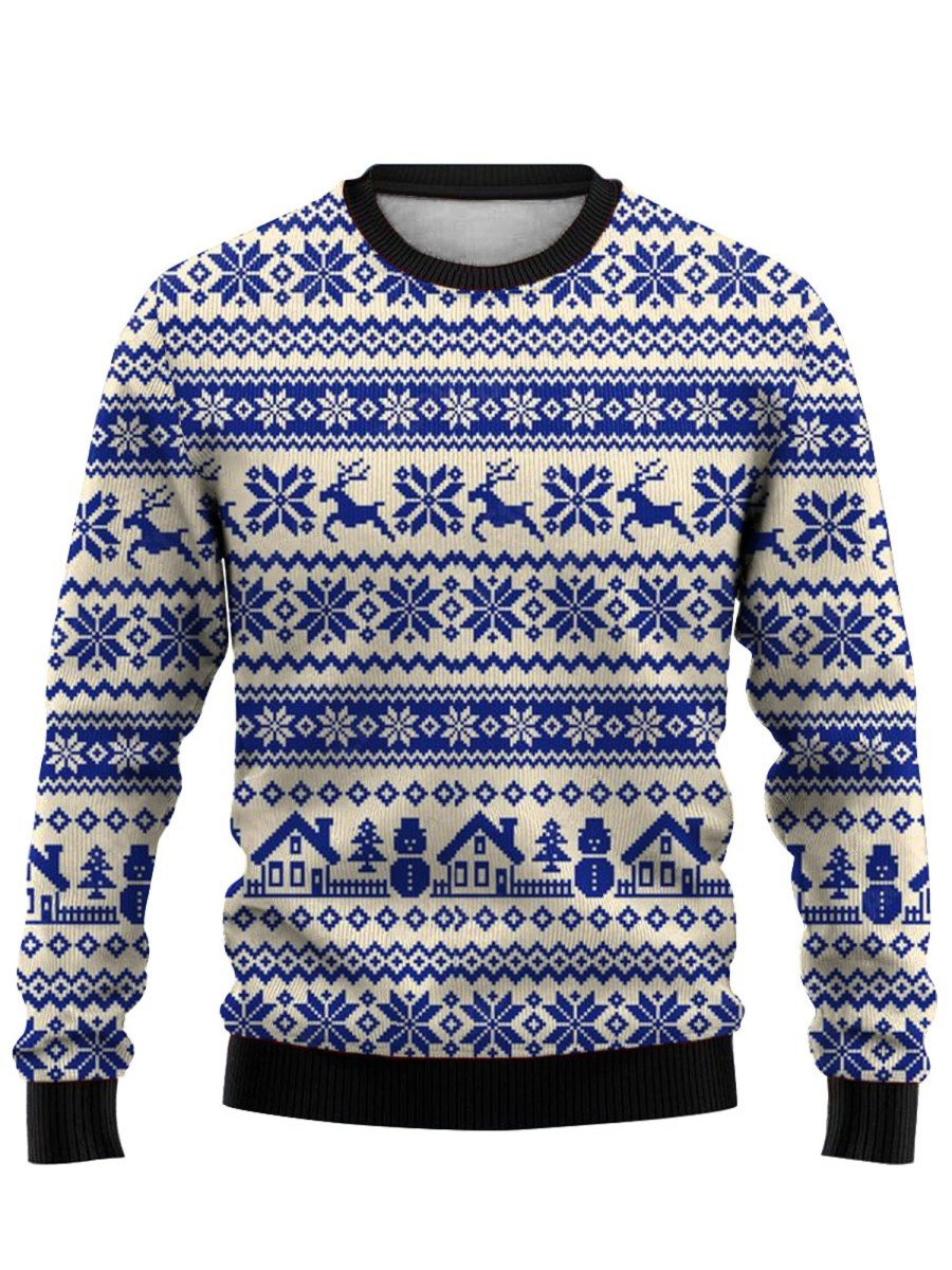 Men GYJ Ugly Sweater | House Yeti Elk Print Crew Neck Sweatshirt Blue