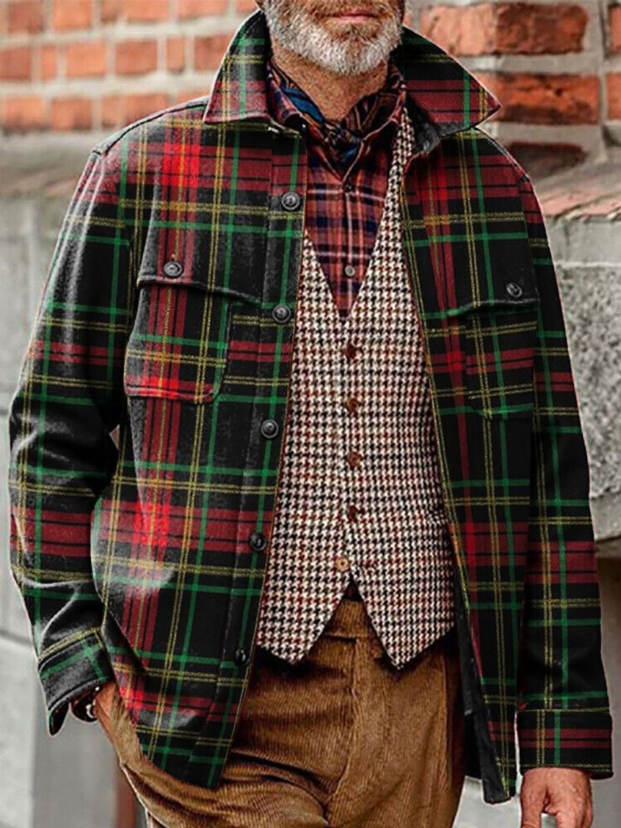 Men BXL Jacket | Men'S Casual Christmas Gold Plaid Lapel Pocket Jacket Green