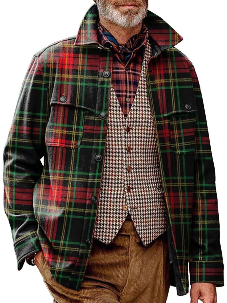 Men BXL Jacket | Men'S Casual Christmas Gold Plaid Lapel Pocket Jacket Green