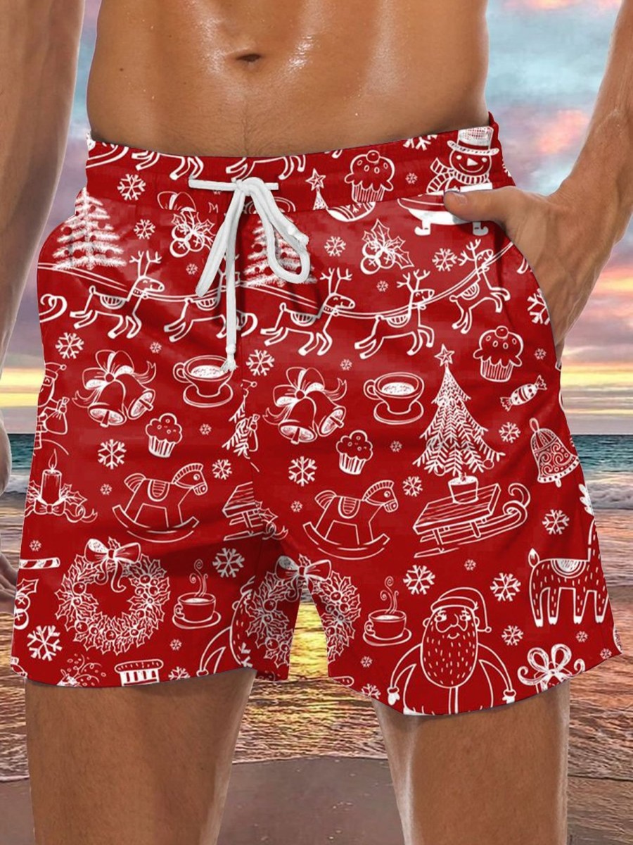 Men GYJ Shorts | Elk Christmas Tree Snow Print Lounge Shorts Red