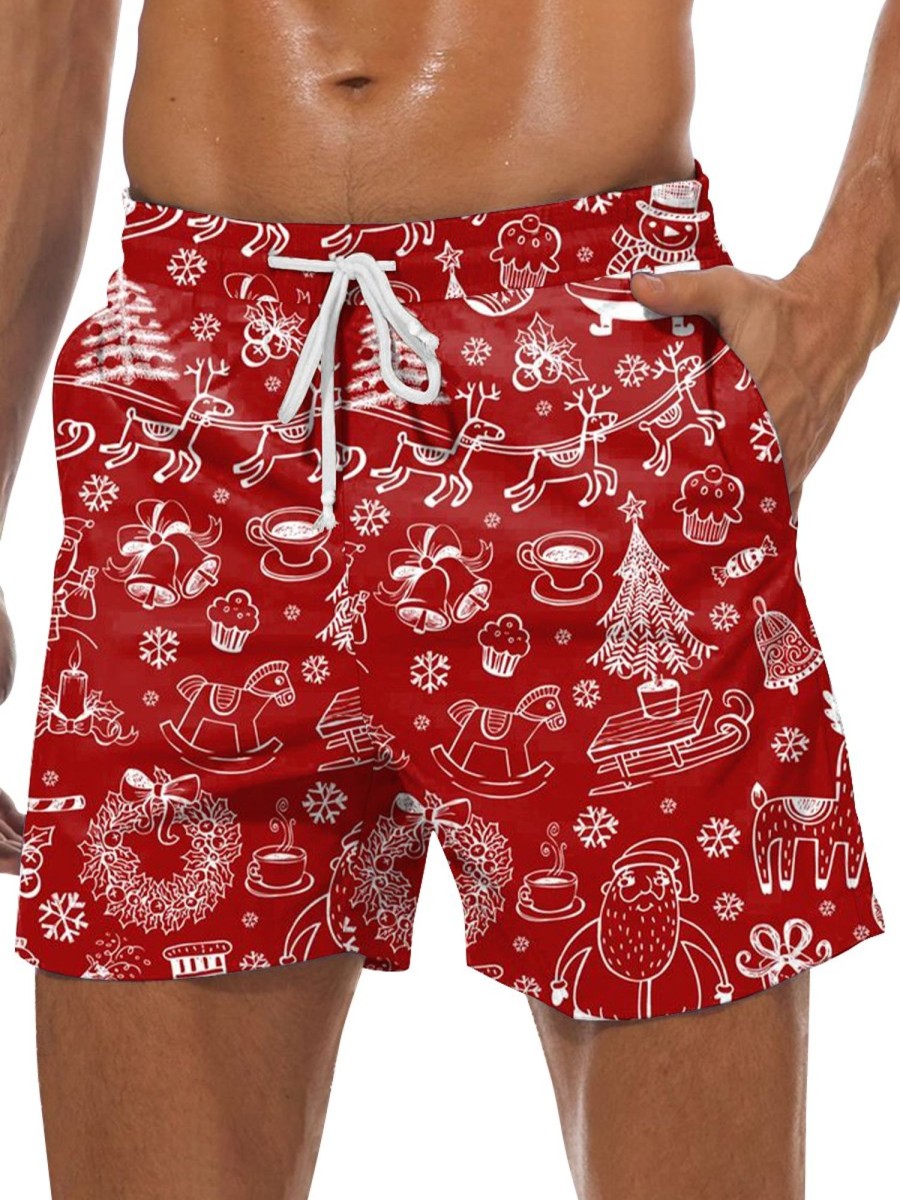 Men GYJ Shorts | Elk Christmas Tree Snow Print Lounge Shorts Red