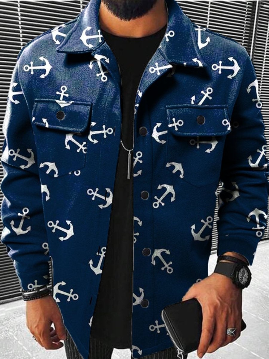 Men DJ Print Jacket | Vintage Anchor Print Two-Pocket Track Jacket Navy