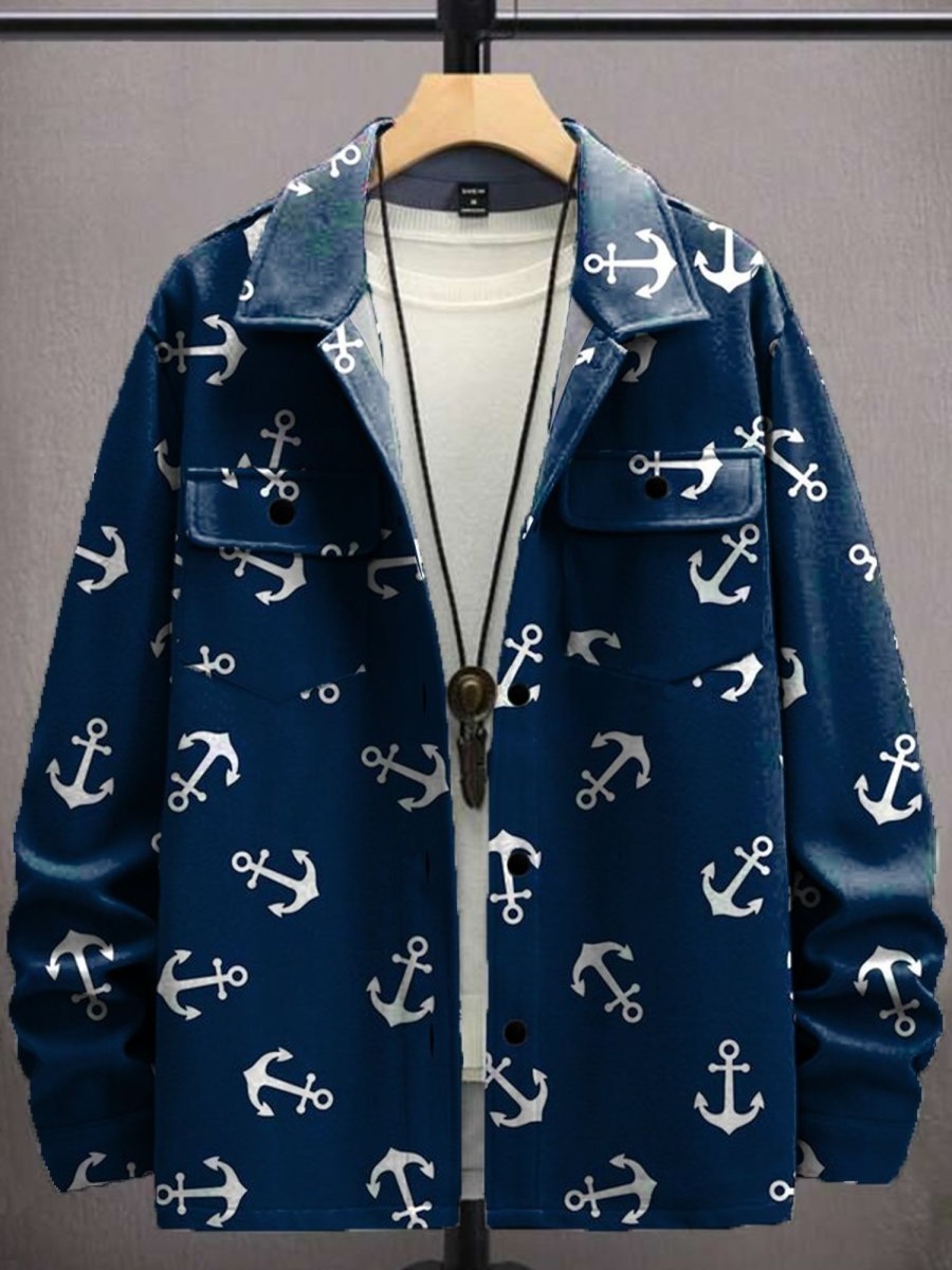 Men DJ Print Jacket | Vintage Anchor Print Two-Pocket Track Jacket Navy