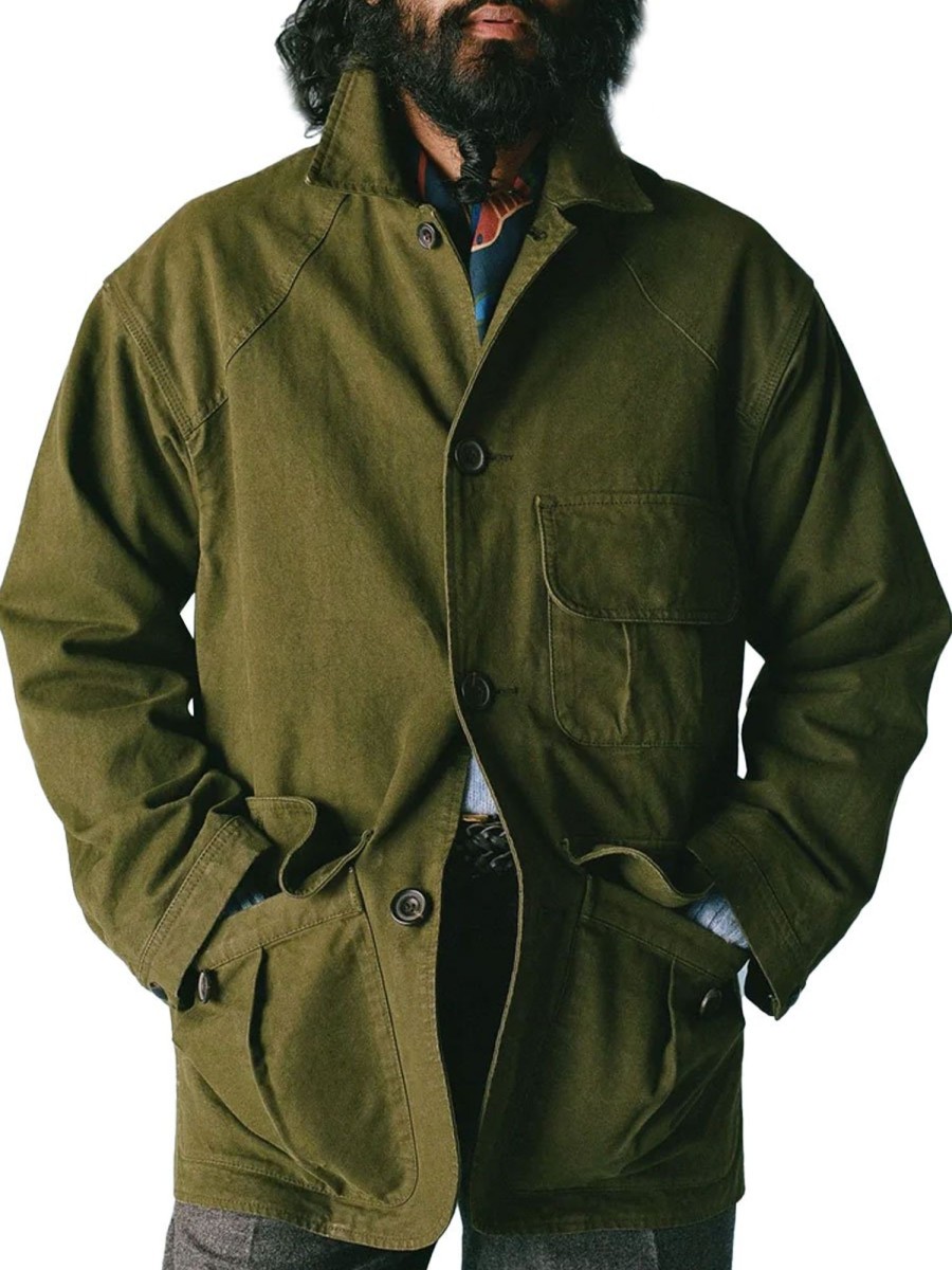 Men BXL Jacket | Retro Multi-Pocket Solid Color Cotton Twill Casual Lapel Jacket Army Green