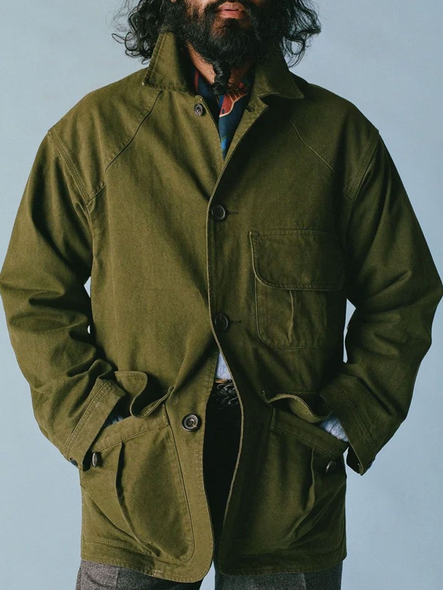 Men BXL Jacket | Retro Multi-Pocket Solid Color Cotton Twill Casual Lapel Jacket Army Green