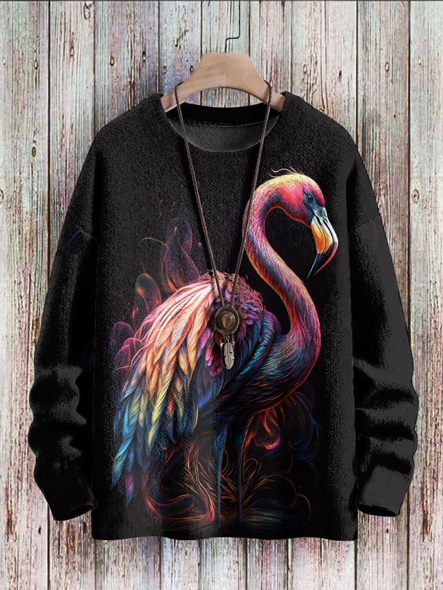 Men BXL Print Sweater | Men'S And Women'S Animal Flamingo Casual Knitted Pullover Sweater Black