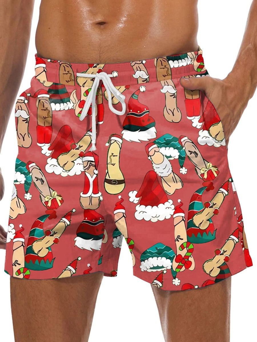 Men DJ Shorts | Cartoon Christmas Cocks Toy Printed Casual Lace-Up Shorts Red