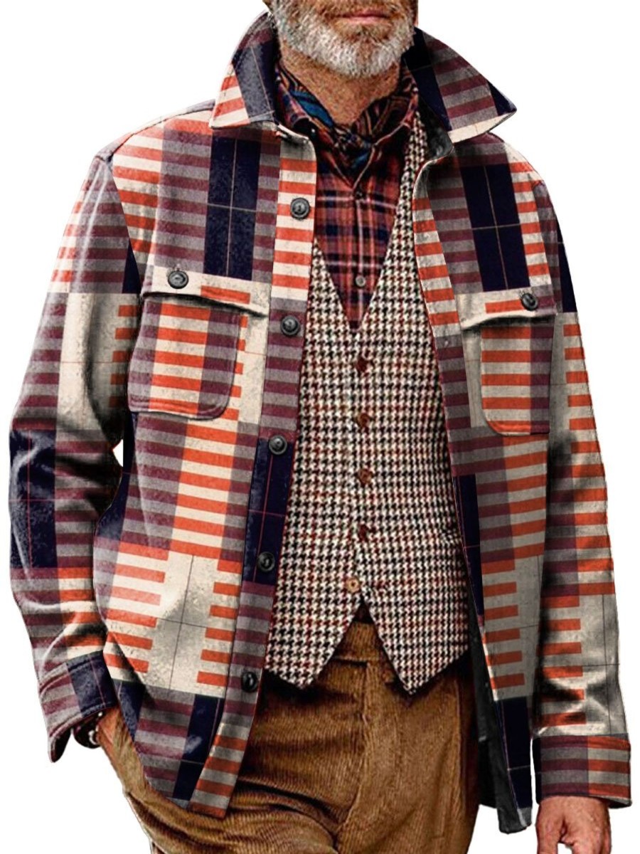 Men BXL Jacket | Men'S Casual Lapel Geometric Color Block Print Double Pocket Jacket 98350254Xl Purple