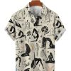 Men TH Shirts | Vintage Artistic Ladies Print Casual Hawaiian Shirt Khaki