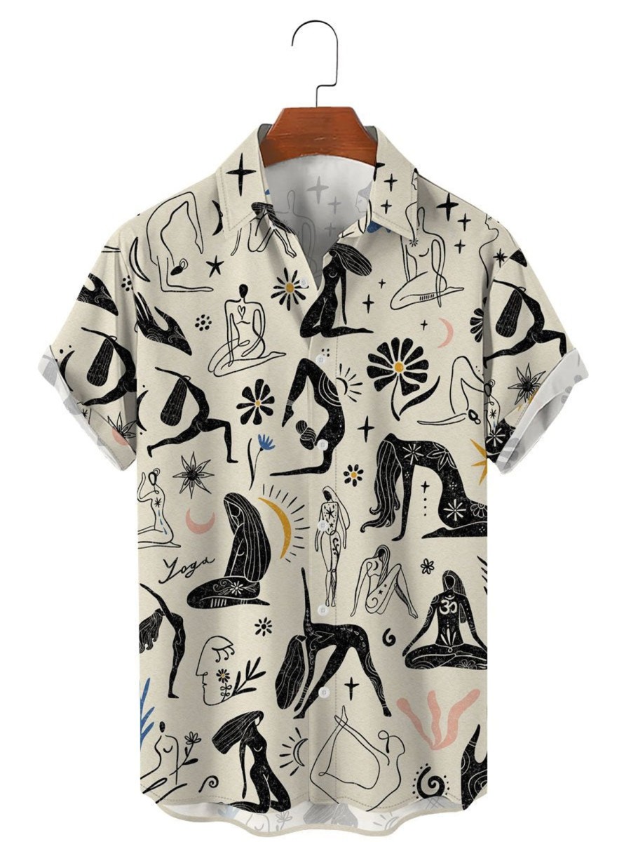 Men TH Shirts | Vintage Artistic Ladies Print Casual Hawaiian Shirt Khaki