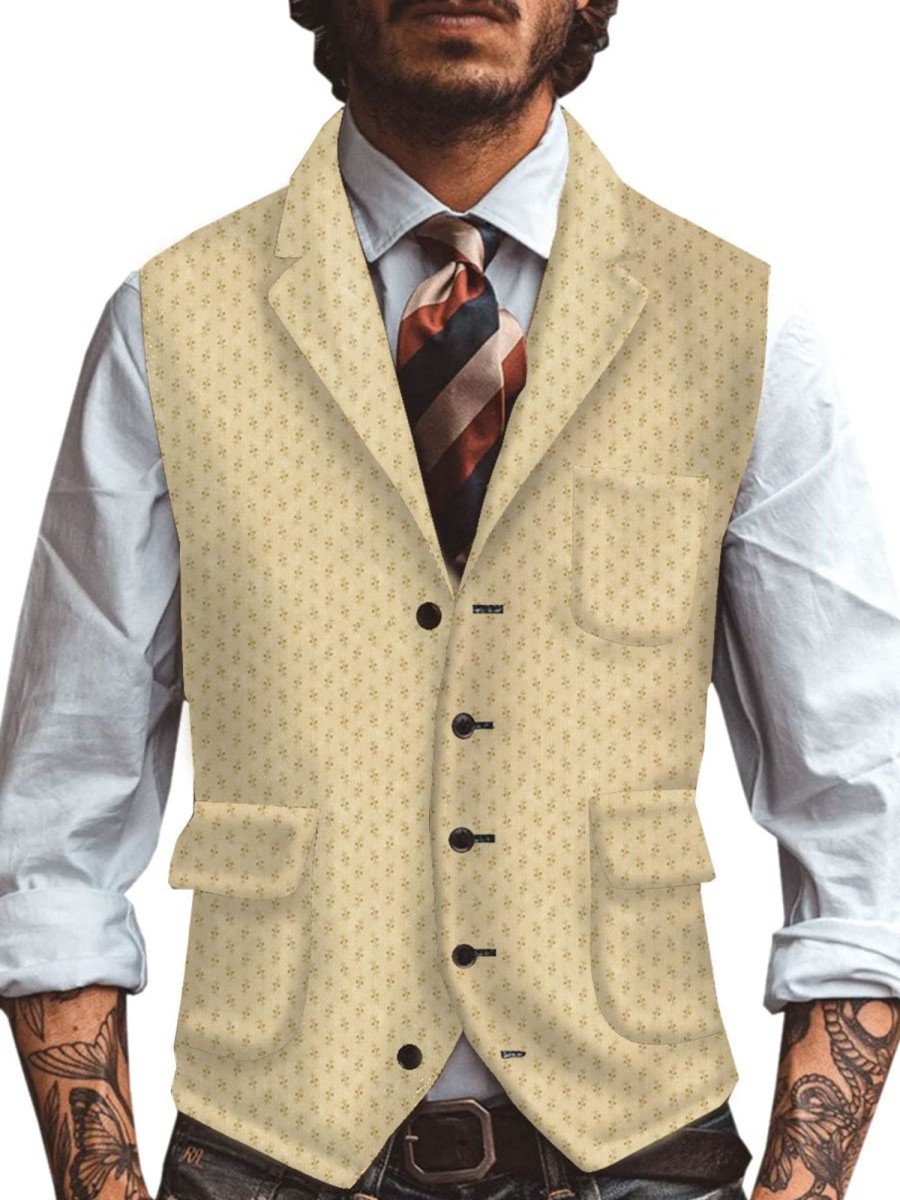 Men TH Vest | Retro Floral Printed Three-Pocket Lapel Suit Vest Khaki