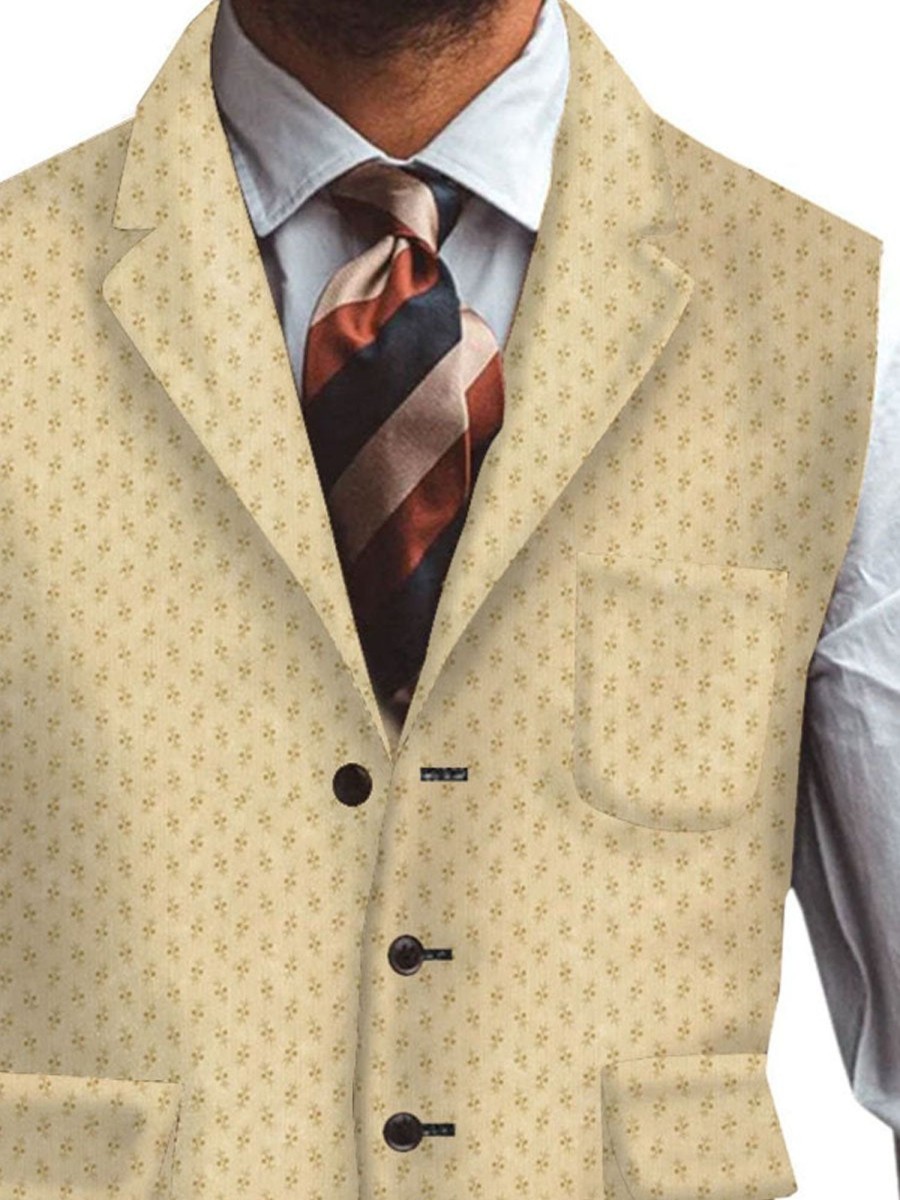 Men TH Vest | Retro Floral Printed Three-Pocket Lapel Suit Vest Khaki