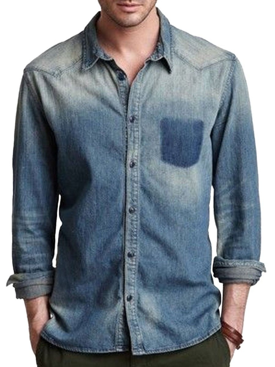 Men DJ Casual Long Sleeve Shirts | Vintage Single Breasted Casual Denim Long Sleeve Shirt Blue