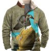 Men BXL T-Shirts | Men'S Casual Cold Protection Art Print Fur Collar Zipper Sweatshirt Grmy Green