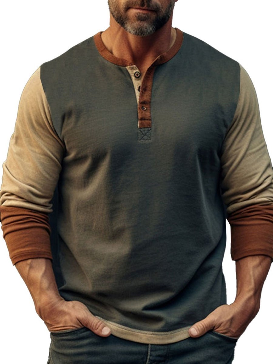 Men BXL Casual Shirts | Men'S Contrast Color Splicing Round Neck Casual Long Sleeve T-Shirt Photo Color