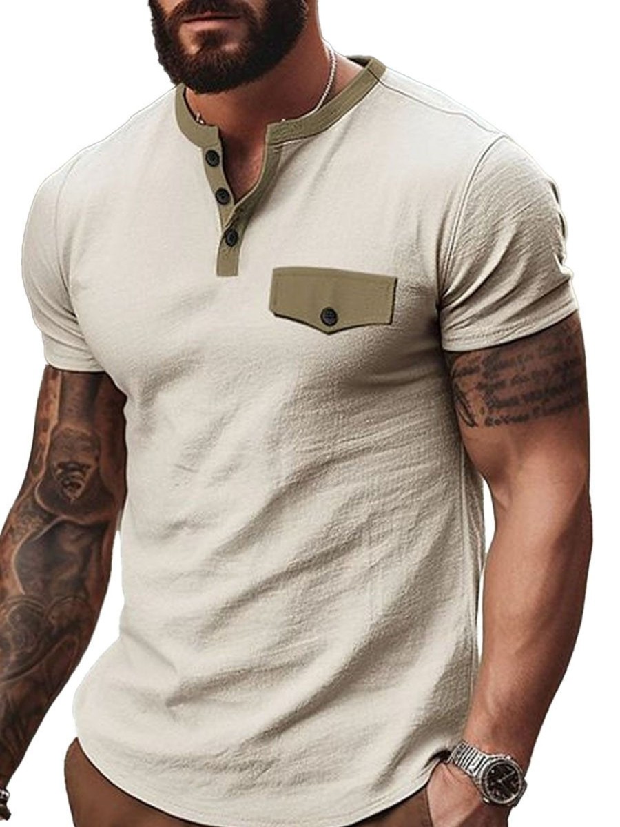 Men DJ Casual Short Sleeve Shirts | Half Open Collar Contrast Color Casual Versatile Short-Sleeved T-Shirt Beige