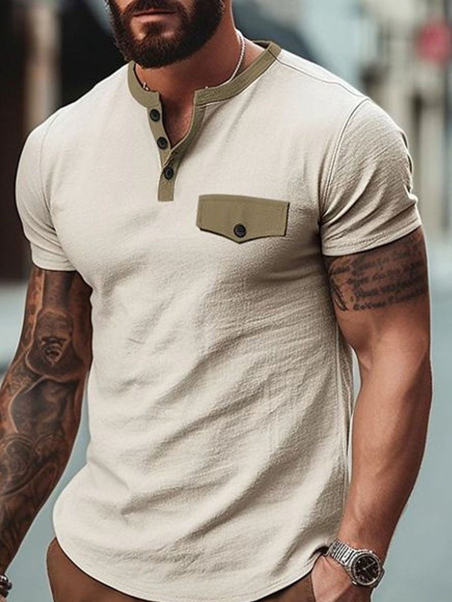 Men DJ Casual Short Sleeve Shirts | Half Open Collar Contrast Color Casual Versatile Short-Sleeved T-Shirt Beige