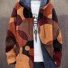 Men DJ Jacket | Retro Large Polka Dot Print Pocket Plus Fleece Hooded Cardigan Brown