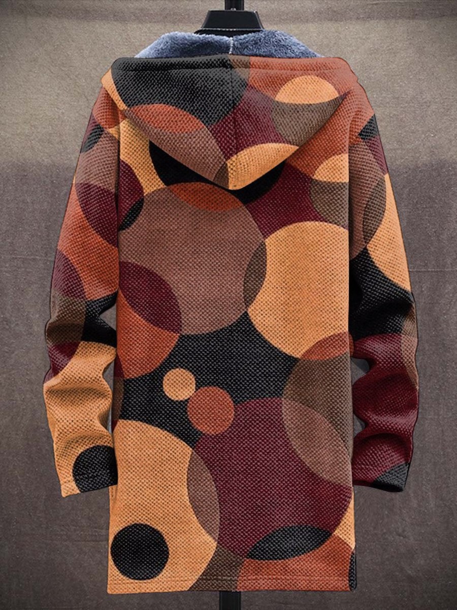 Men DJ Jacket | Retro Large Polka Dot Print Pocket Plus Fleece Hooded Cardigan Brown