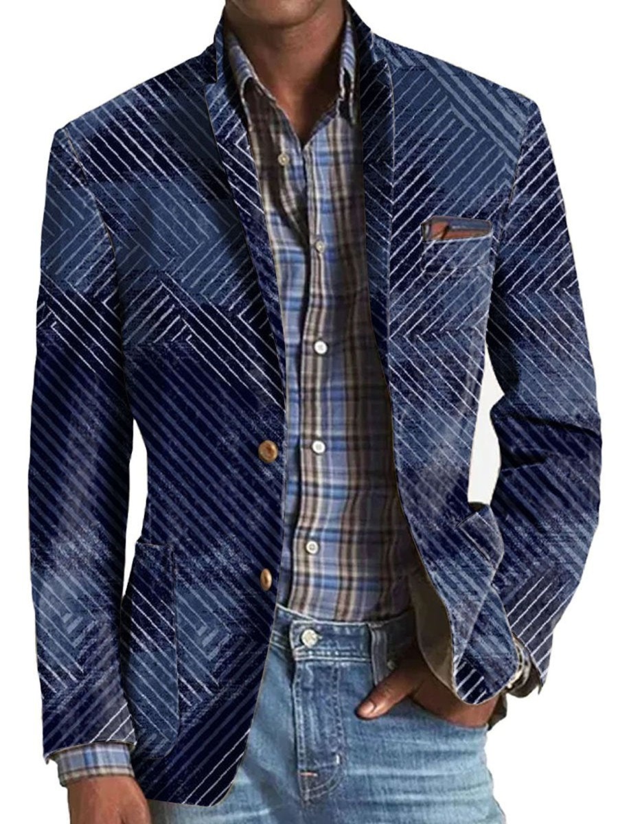 Men DJ Print Jacket | Retro Line Geometric Print Lapel Three Pocket Casual Blazer Navy