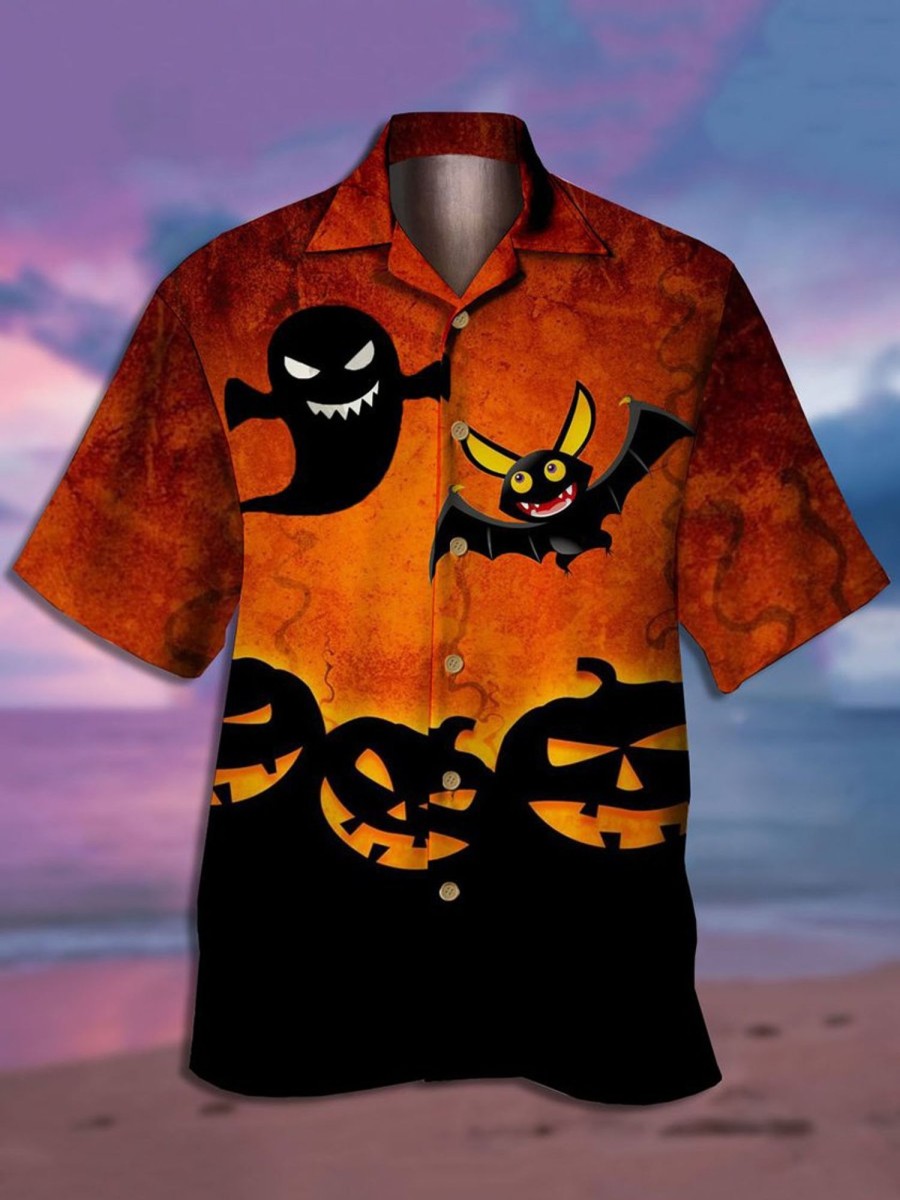 Men HLJ Shirts | Halloween Dark Print Casual Short Sleeve Shirt Black