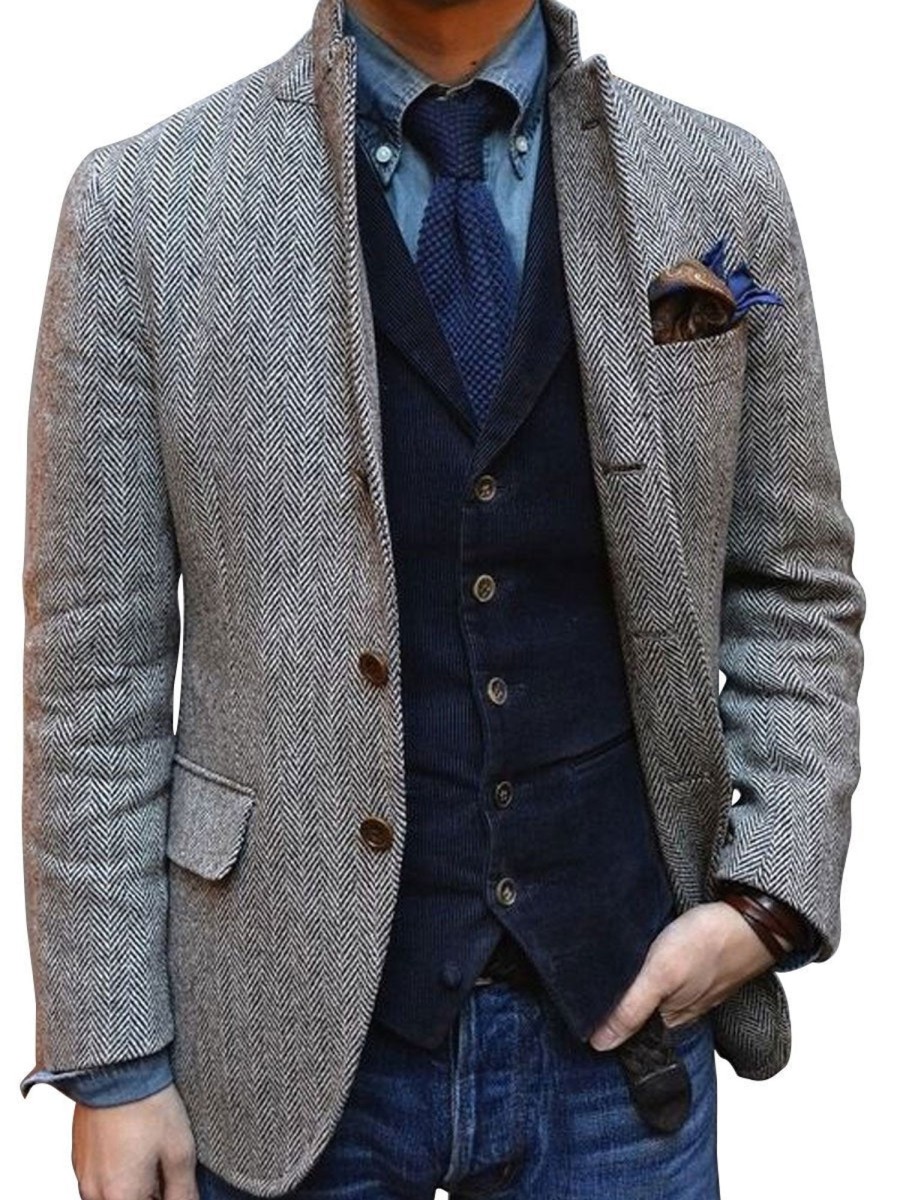 Men BXL Jacket | Retro Herringbone Wool Lapel Single-Breasted Casual Coat Blazer Gray