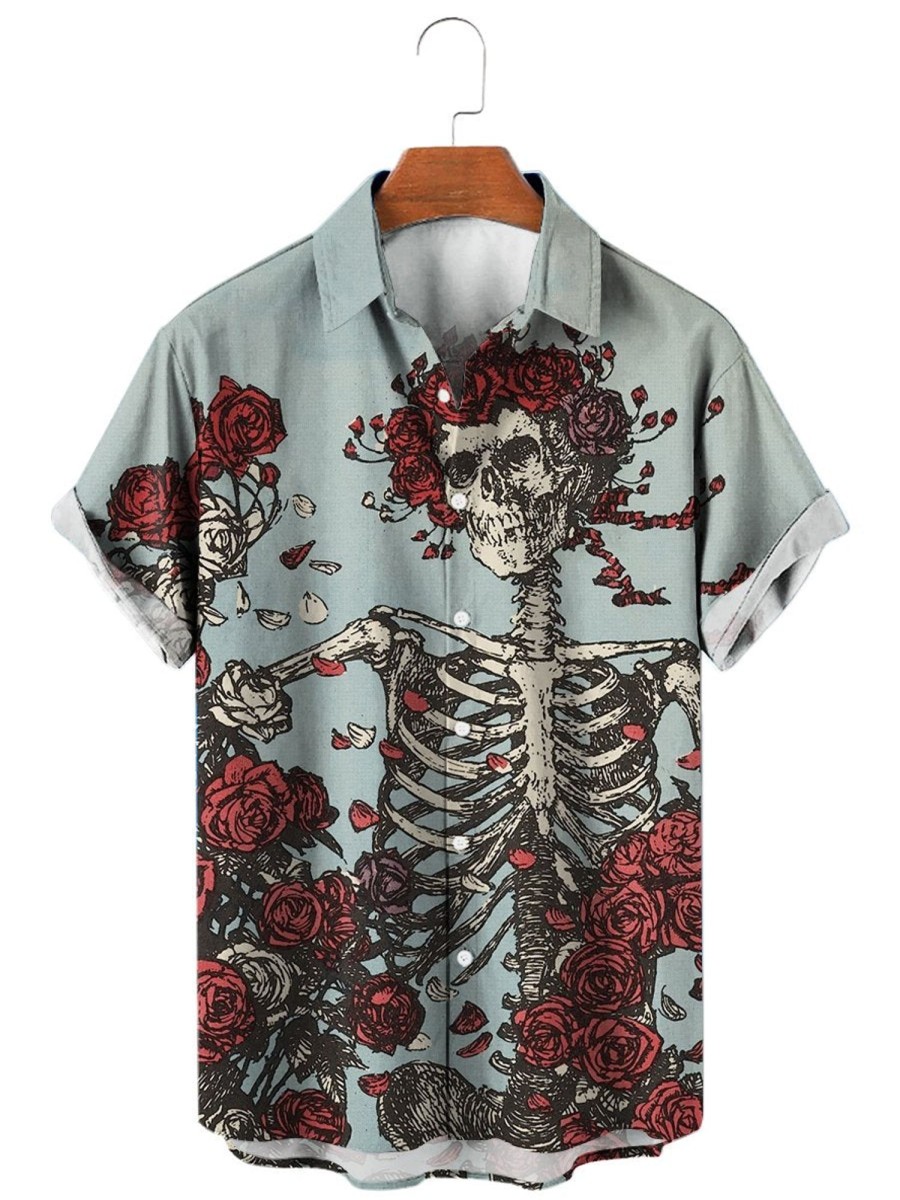 Men HLJ Shirts | Men'S Grateful Dead Skull Rose Short Sleeve Shirt Light Grey Blue