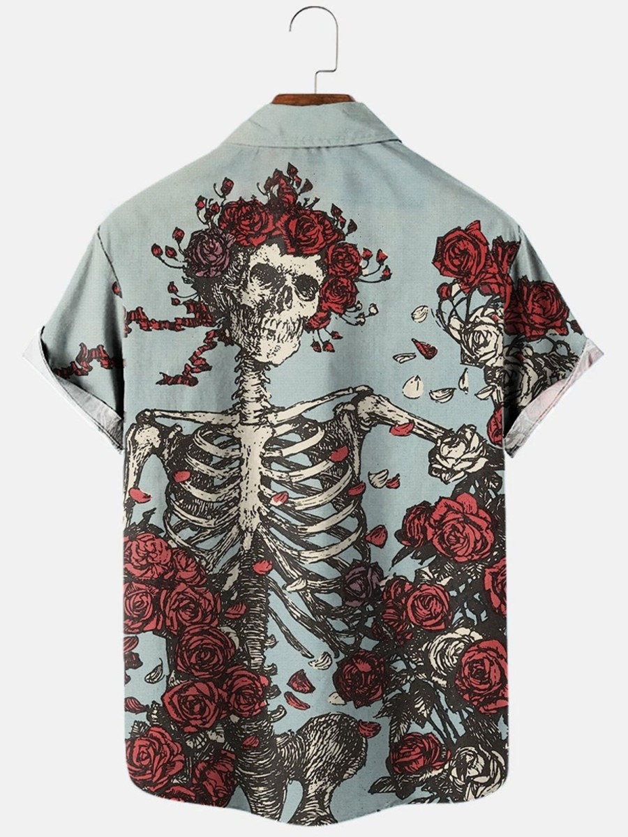 Men HLJ Shirts | Men'S Grateful Dead Skull Rose Short Sleeve Shirt Light Grey Blue