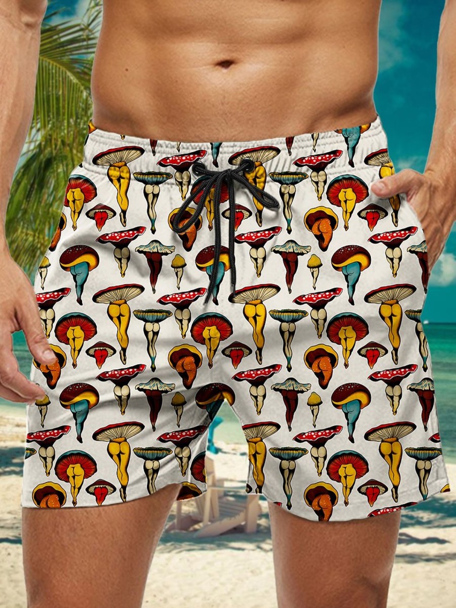 Men HWT Shorts | Men'S Shorts Holiday Sexy Mushroom Print Beach Shorts Beige