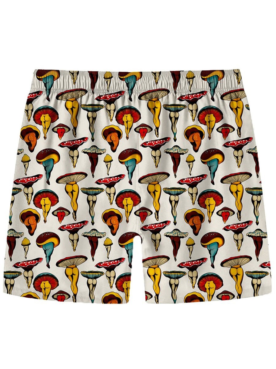 Men HWT Shorts | Men'S Shorts Holiday Sexy Mushroom Print Beach Shorts Beige