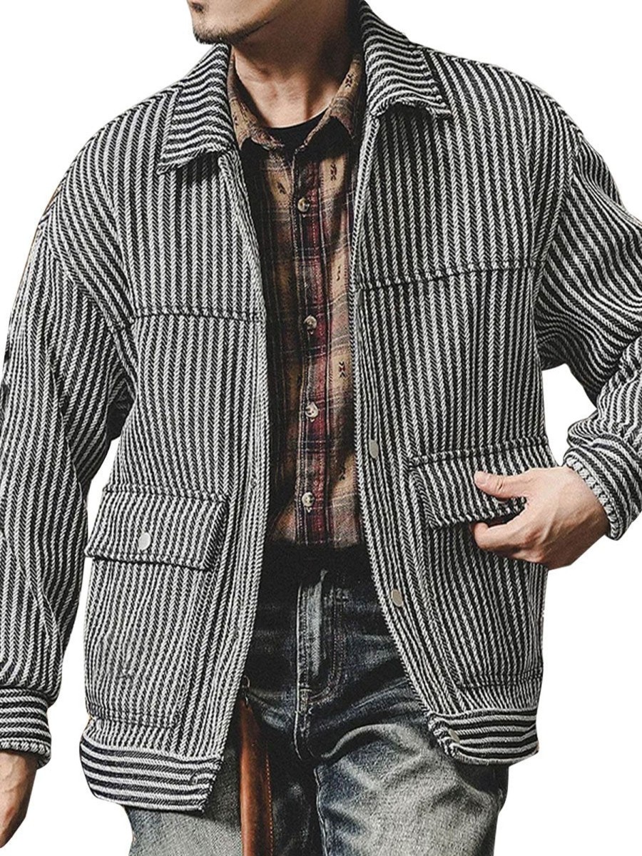 Men BXL Jacket | Men'S Vintage Striped Cotton Pocket Button Casual Jacket Black