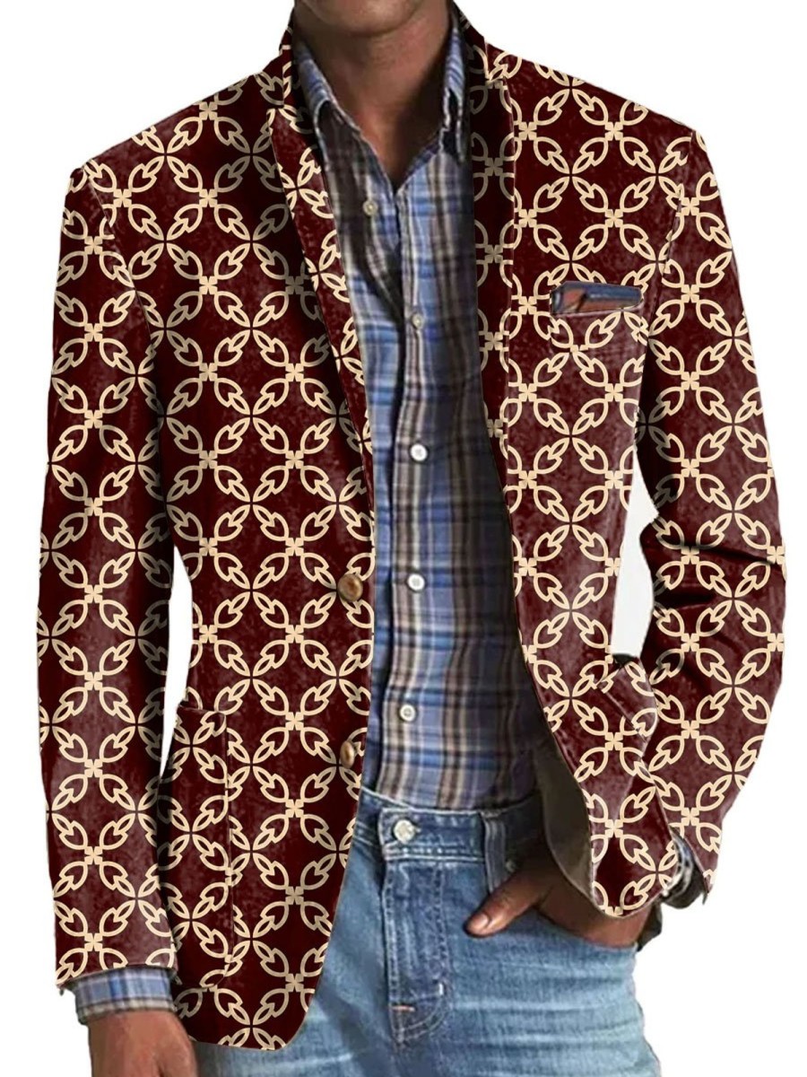 Men BXL Print Jacket | Men'S Retro Ethnic Geometric Print Pocket Casual Blazer Wine Red